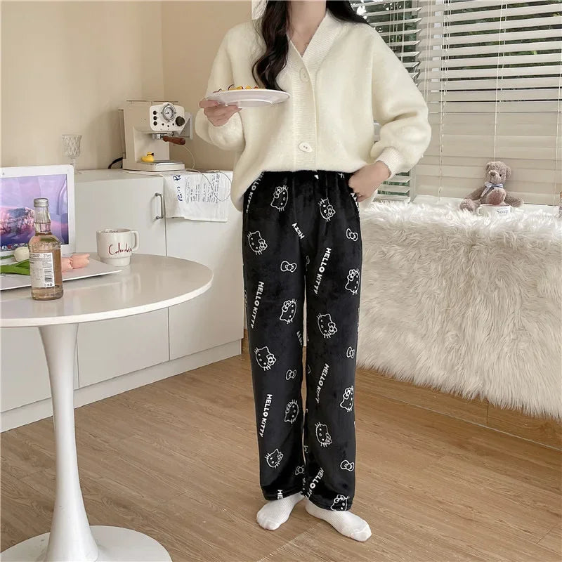 Thicken Hello Kitty Pajama Pants Sanrio Anime Fleece Double Elastic Fabric Soft Trousers Women Trousers Cartoon Birthday Gift