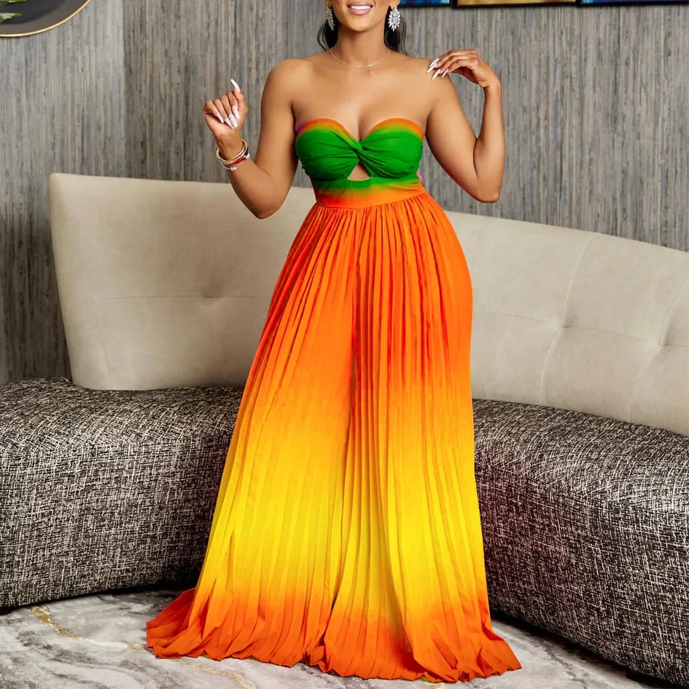 Gradient Color Women Jumpsuits For Summer Sleeveless Bandage Loose Fashion Streetwear Overalls Wide Leg Pants Trousers 2024