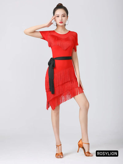 Women Latin Dance Outfit for Female Adults High End Slim Short Sleeve Tassel Split Dress Purple Red Sexy Practice Dance Clothing