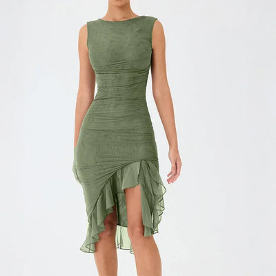 Wefads Women Maxi Dress Summer Elegant Solid Sleeveless Nipped Waist Slim Backless Ruffled Irregular Party Dresses Streetwear