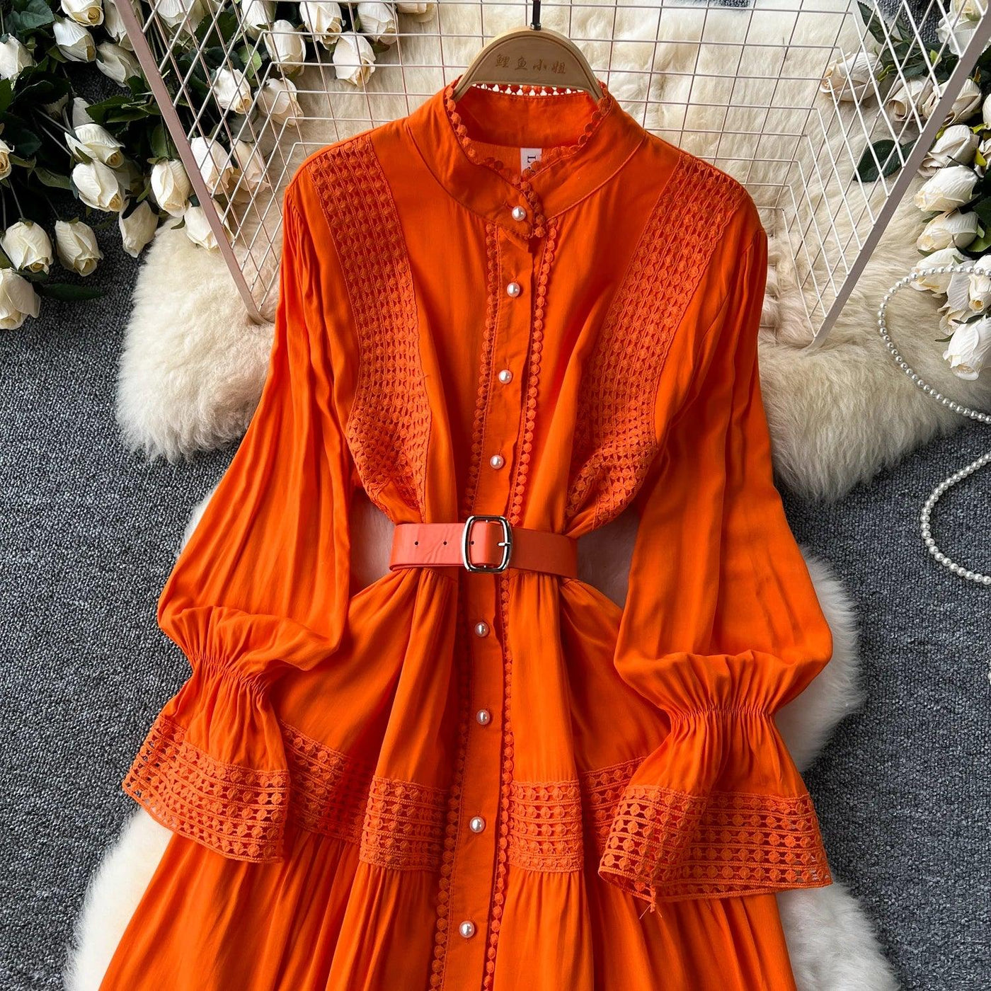 Retro Elegant Summer Stand Collar Flare Sleeve Single Breasted Lace Spliced Dress A-line French Evening Party Women Dresses
