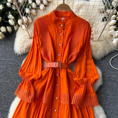 Retro Elegant Summer Stand Collar Flare Sleeve Single Breasted Lace Spliced Dress A-line French Evening Party Women Dresses