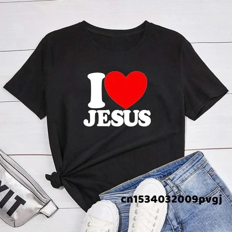 I Love Jesus Women T Shirts Round Neck Christian Faith Church Bible T-Shirt Cotton Short Sleeve T Shirt Streetwear Unisex Tops
