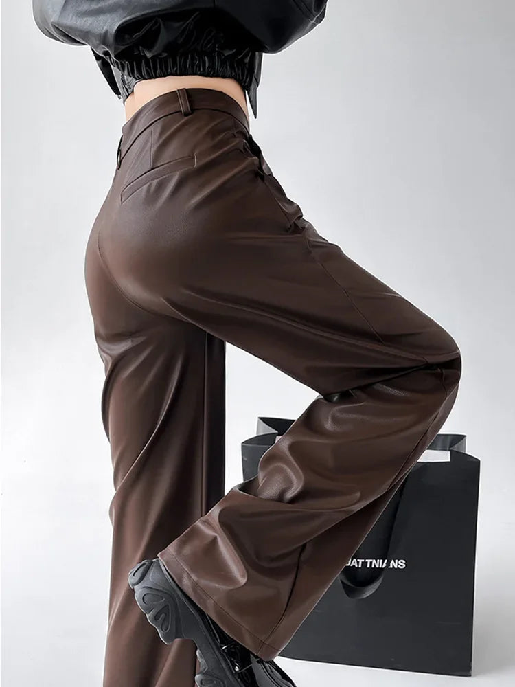 Women's Wide Leg Pants PU Straight Pants Autumn New Fashion Pantalones Mujer Solid Black Brown Leather Pants Women Streetwear