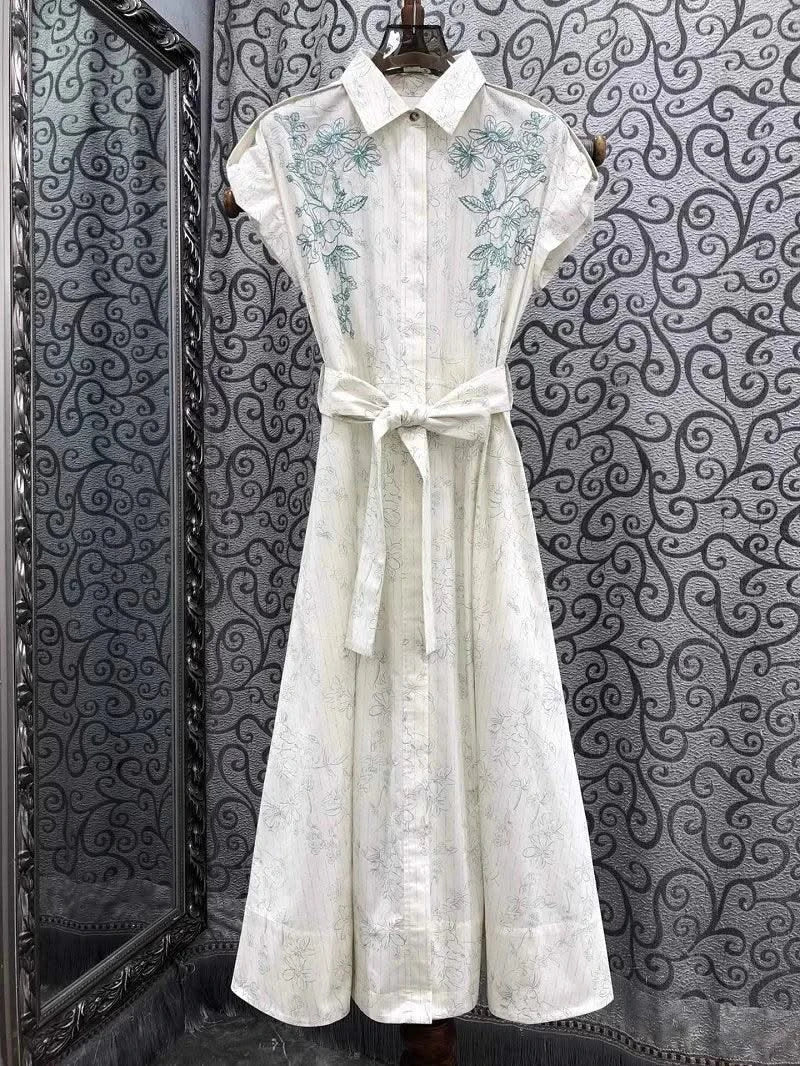 Newest Fashion Summer Dress 2025 High Quality Cotton Women Turn-down Collar Floral Embroidery Short Sleeve Long Shirt Dress Belt