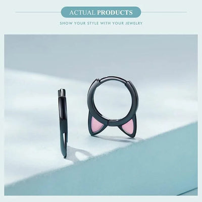 WOSTU Real 925 Sterling Silver Cat Ear Hoop Earrings For Women Lovely Pink Cute Pet Paw Studs Clips Girl Unique Jewelry Gift