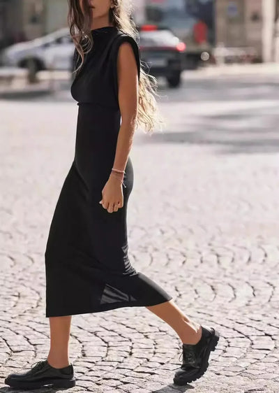 ZBZA Women's Slim Party Dresses Round Neck Sleeveless Shoulder-padded Bodycon High Waist Midi Dress Spring New Female Chic Dress