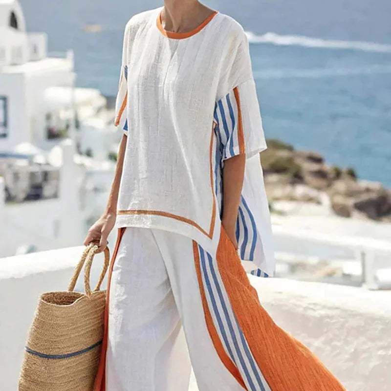 Women Summer Loungewear Suits Printing Loose Wide Leg Pants 2PCS Matching Set Half Sleeve O-Neck Pullover Top Outfit Streetwear