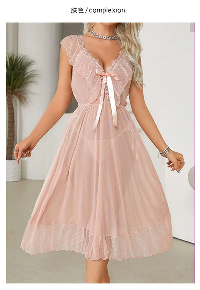 Women's Sexy Lingerie Nightgown Semi Sheer Babydoll Sleepwear Dress With Polka Dots Bow Knot Decor Summer Mesh V-Neck Loungewear