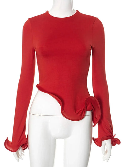 Sexy red ruffles crop top t shirt women birthday party