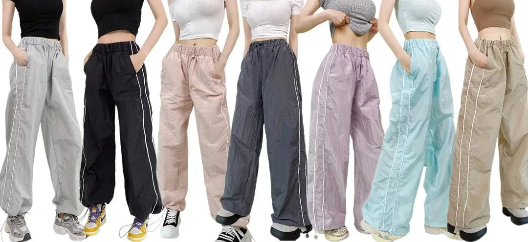 Women's Wide-Leg Joggers Adjustable Ankle Cuffs Side Stripes Drawstring Waist Lightweight Streetwear