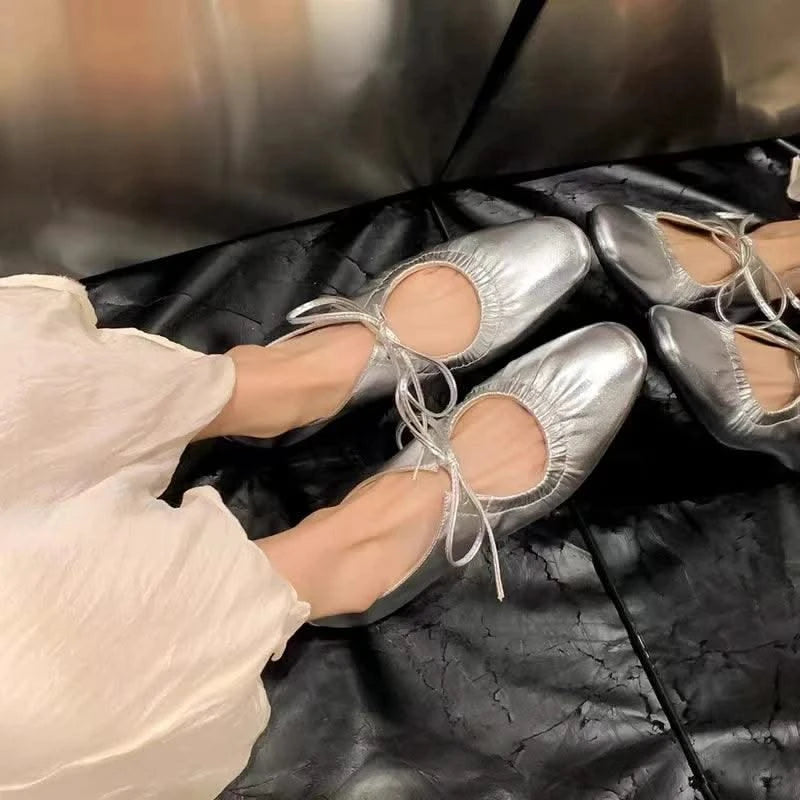 Women Ballet Leather Narrow Band Flat Shoes  Bling Silver,  Gold Footwear