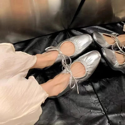 Women Ballet Leather Narrow Band Flat Shoes  Bling Silver,  Gold Footwear