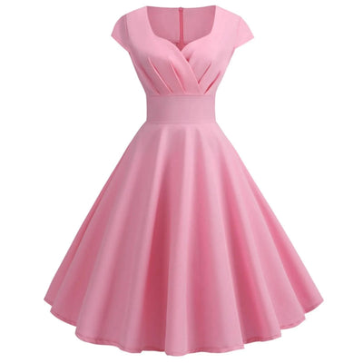 Pink Summer Elegant Party Midi Dress Women V Neck Vintage Robe Elegant Vintage Rockabilly Pin Up Party Office Midi Dresses