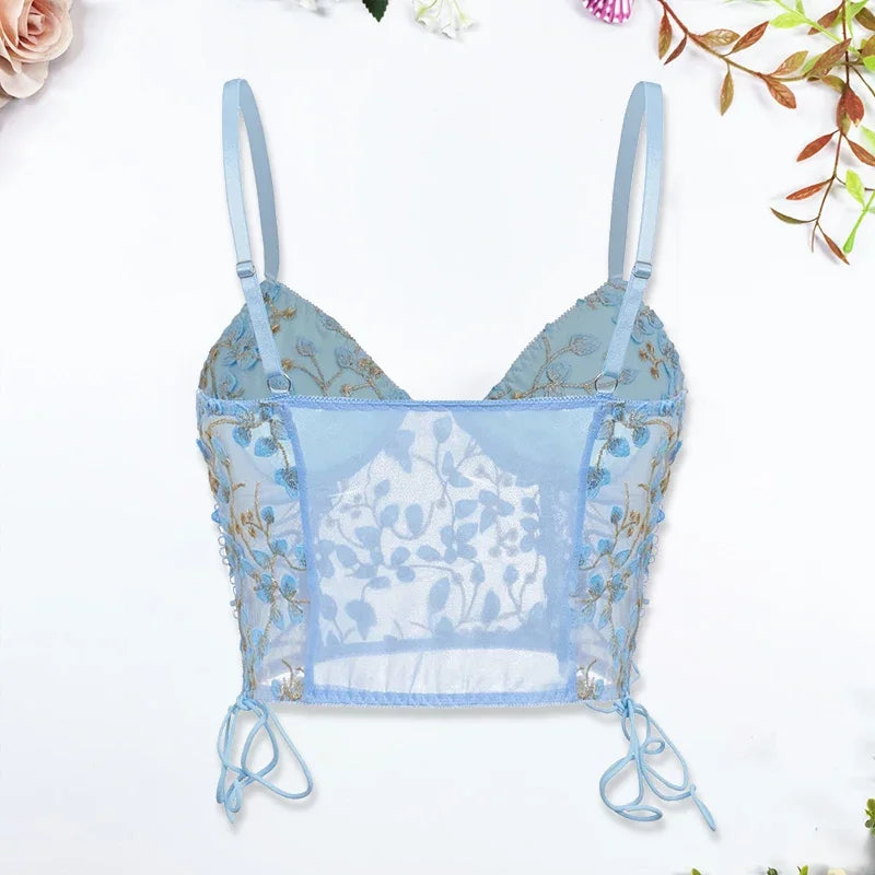 Women Blue Camisole Vest Bra Embroidery Flower Corsets Slim Fit Versatile Lady Bustier Corset Tops Sexy Mesh Back Lingerie