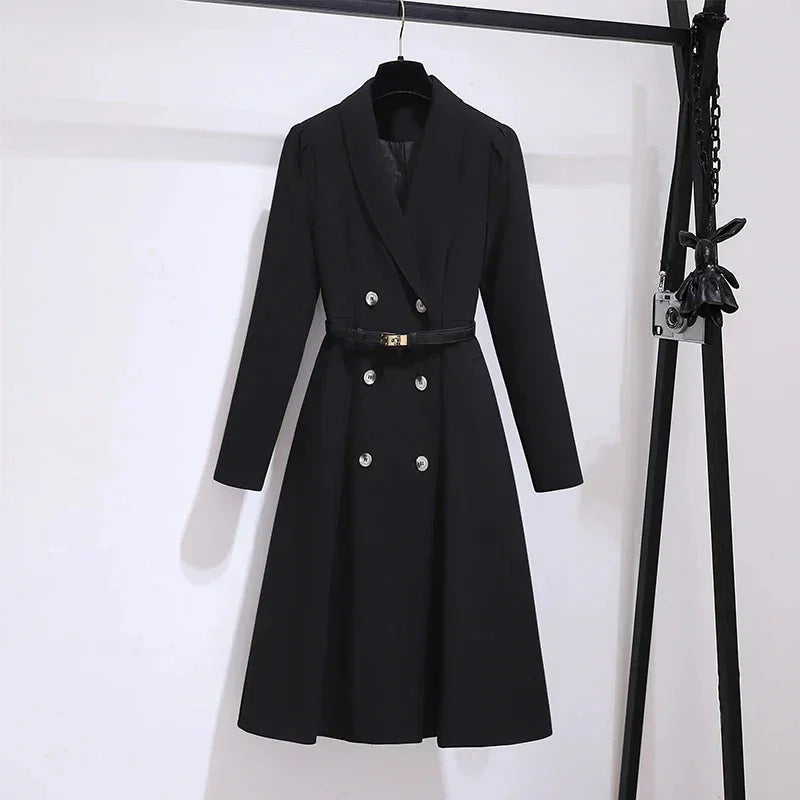 Women's Dress Double Breasted Elegant Dresses for Women 2025 Autumn Off white Dress Belt Knee-Length Solid Fashion Woman Clothes