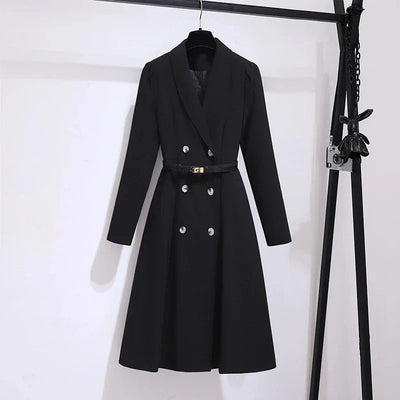 Women's Dress Double Breasted Elegant Dresses for Women 2025 Autumn Off white Dress Belt Knee-Length Solid Fashion Woman Clothes