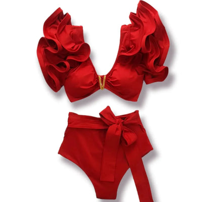 Swimwear High Waist Bikinis with Belt V Neck Shirring Swimsuit Women Ruffle Bathing Suit y2k Drawstring Beachwear