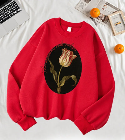 The Ancient Red Twlipws Design Women Sweatshirt Soft Warm Tops Fleece All-Match Pullover Crewneck Casual Sportswear For Woman