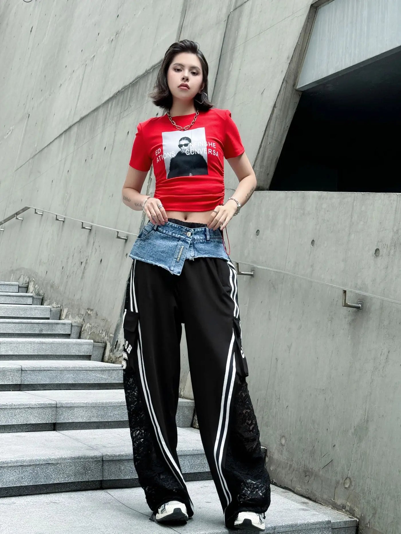 Wide Leg Pants Women Floor Length Patchwork Lace Denim Stripe Print High Waist Multiple Pockets 2025 Streetwear Cargo Trousers