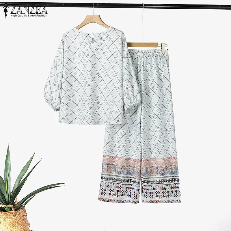 ZANZEA Fashion Women Tracksuits Summer Loose Matching Sets Bohemain Floral Printed Blouse Wide Leg Pant Sets 2pcs Work Outfits