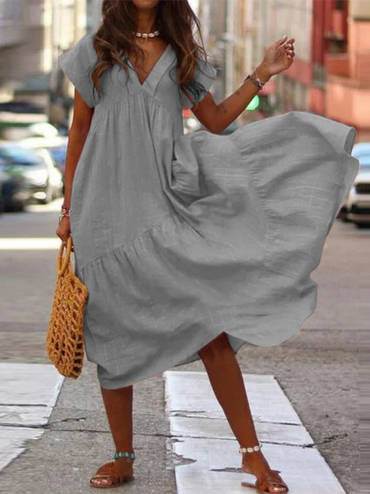 Bohemian Summer Dress for Women V Neck Vestidos Ladies Streetwear Solid Ruffle Dresses Asymmetrical Loose Robe Women Clothing