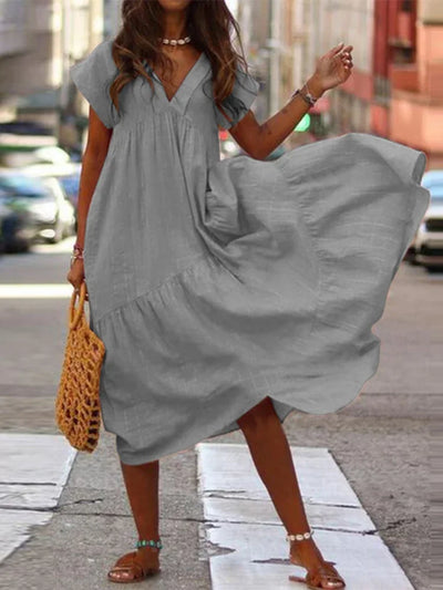 Bohemian Summer Dress for Women V Neck Vestidos Ladies Streetwear Solid Ruffle Dresses Asymmetrical Loose Robe Women Clothing