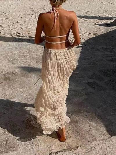 2025 Women Summer Loungewear Suits, Halter Short Top Maxi Skirts 2PCS Matching Sets, White Color Fashion Backless Ladies Outfit