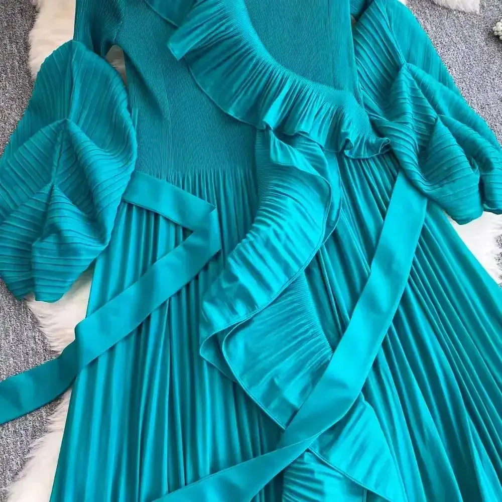 Women's V Neck Ruffles Splice Lantern Sleeve High Stretch Oversized Dresses Miyake Maxi Pleated 2025 Spring Long Party Clothing