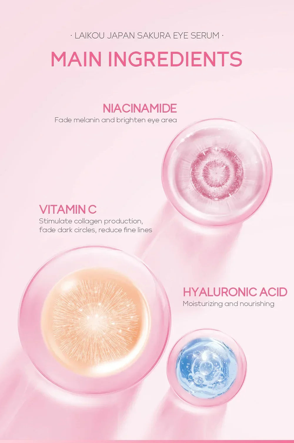 LAIKOU Sakura Eye Serum Eye Roller Massage Hyaluronic Acid Skin Care Eye Bags Cream Moisturizing Dark Circles 15ml