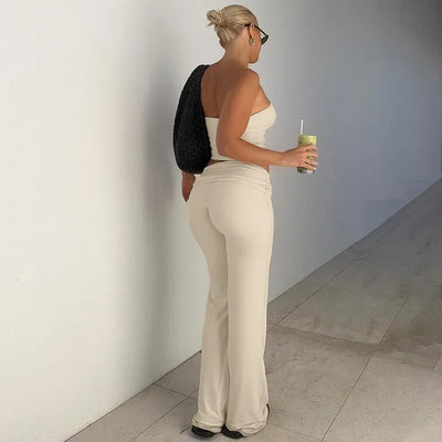 Women's Clothing 2025 Spring Fashion New Item Solid Color Strapless Top Flared Pants Fashionable Slim Fit Sports Suit for Women