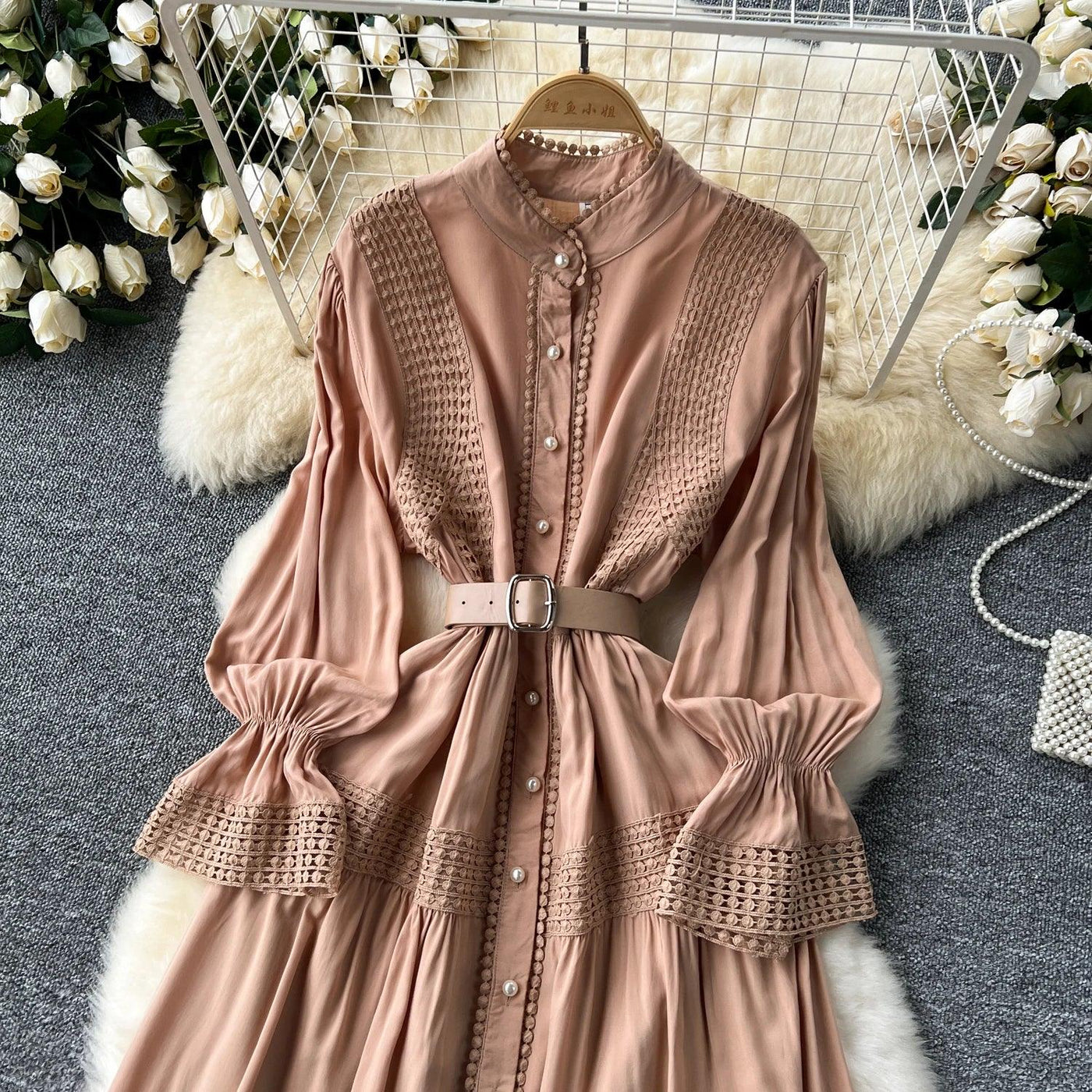 Retro Elegant Summer Stand Collar Flare Sleeve Single Breasted Lace Spliced Dress A-line French Evening Party Women Dresses