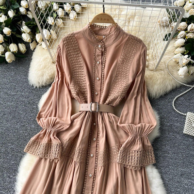Retro Elegant Summer Stand Collar Flare Sleeve Single Breasted Lace Spliced Dress A-line French Evening Party Women Dresses