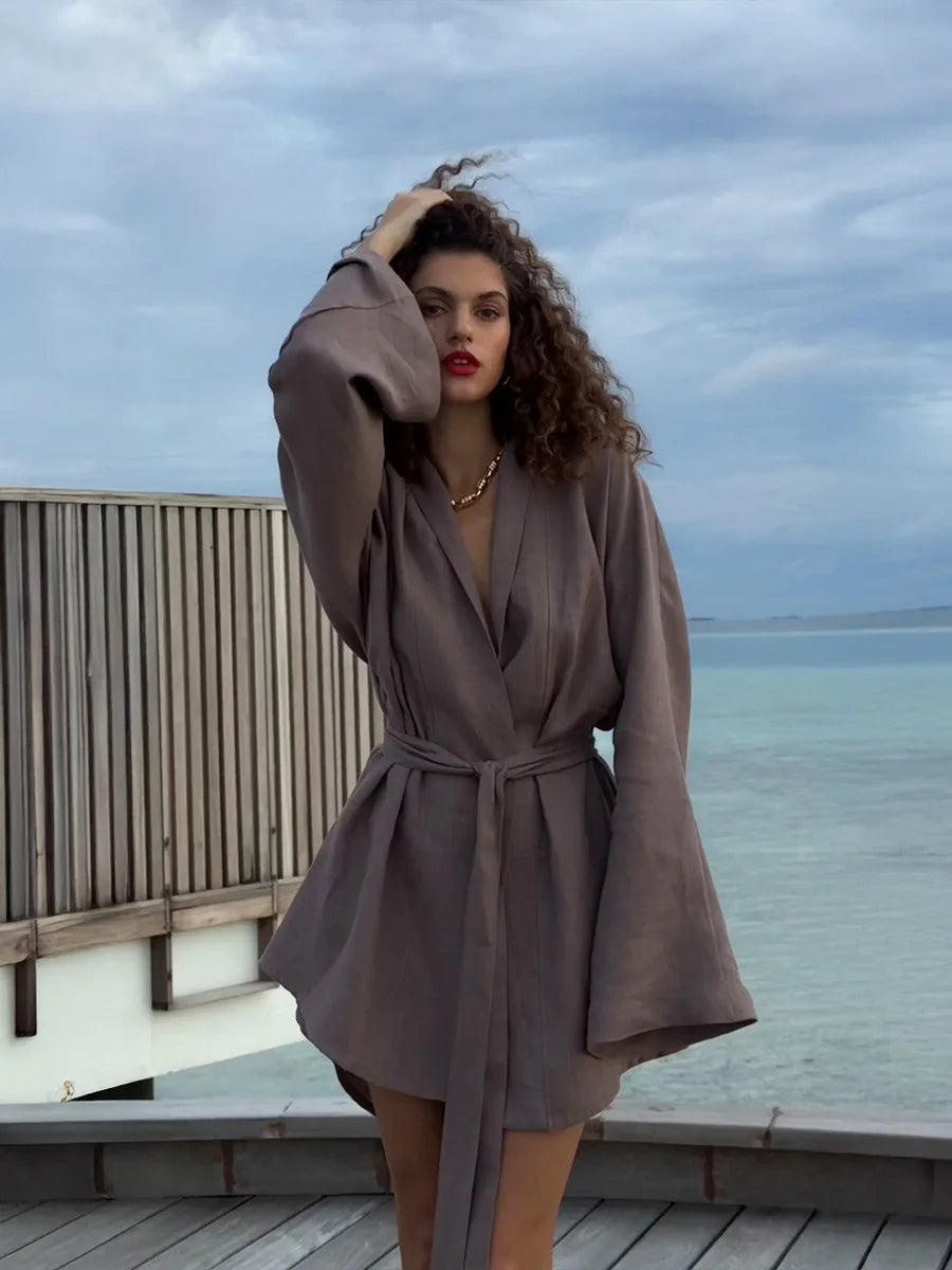 Elegant Cotton Linen V-neck Beach Dress 2025 Spring and Summer Women Fashion Soft Comfortable Loose Lace Vacation Casual Dress