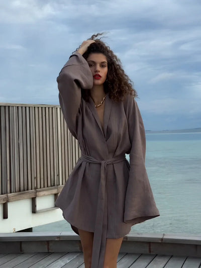 Elegant Cotton Linen V-neck Beach Dress 2025 Spring and Summer Women Fashion Soft Comfortable Loose Lace Vacation Casual Dress