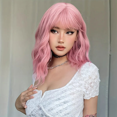 A fashionable 14-inch short curly pink wig with bangs for women - elegant wavy body style, heat-resistant synthetic hair, ideal