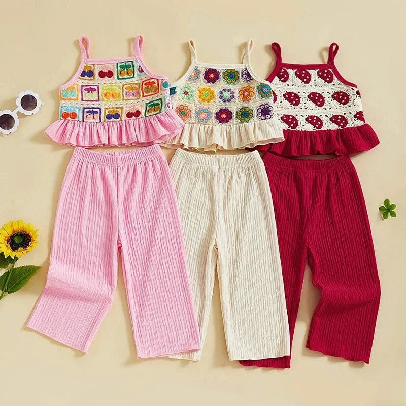 Toddler Girls 2 Piece Outfits Crocheted Flowers Fruit Ruffled Camisole and Elastic Pants Set Baby Children Summer Clothes