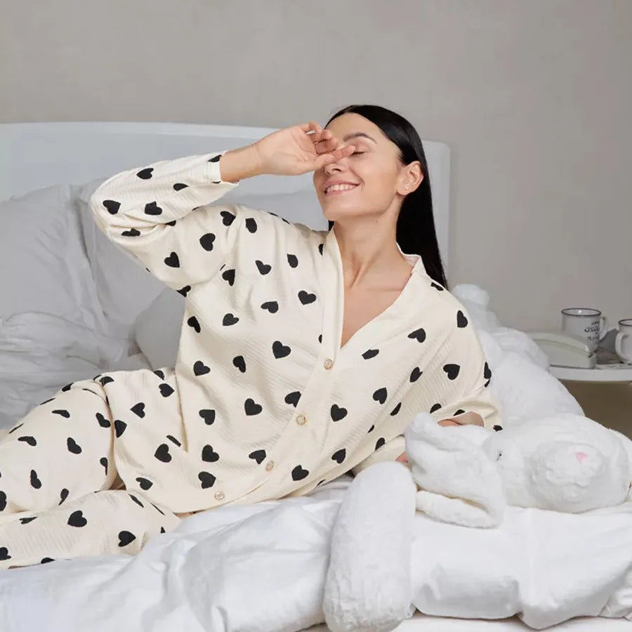 Love Pattern Waffle Pajamas Women Loungewear Set Cardigan Homewear Lady Long Sleeve Top Pant Nightwear 2025 Autumn Spring New
