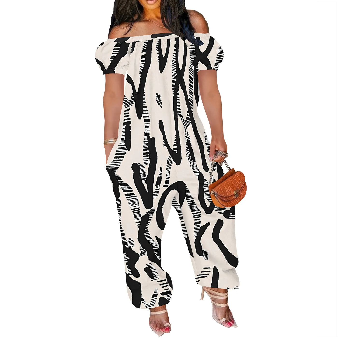 Women Sexy Off Shoulder Jumpsuit Short Sleeve  Floral Print  Romper Wide Leg Long Pants with Pockets Plus Size