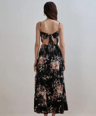Women's Summer Black Floral V Neck Sleeveless Backless Halter Dress Fashion Elegant Sexy Bow Tie Black Backless Party Dresses