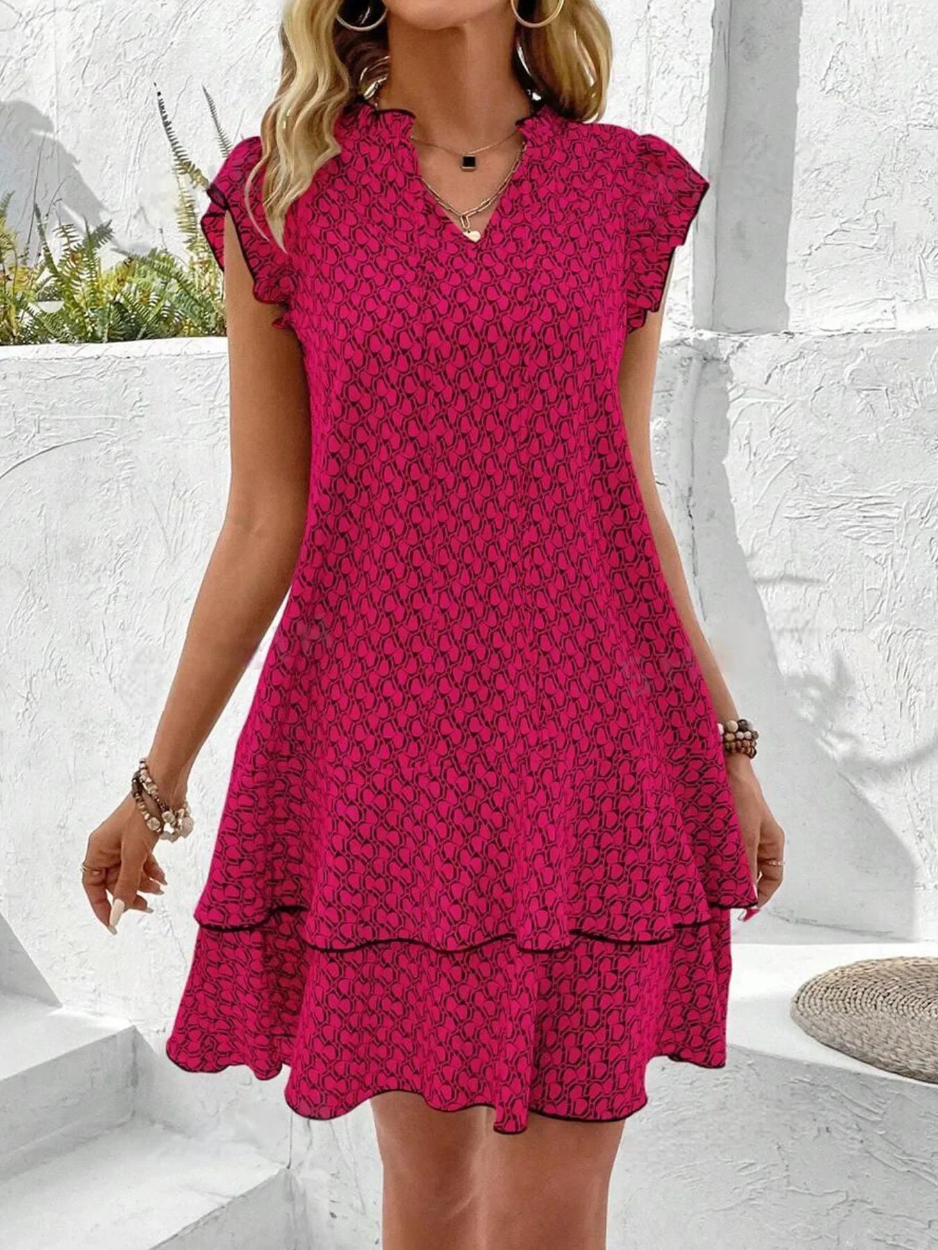 Women's Summer Mini Dress A-line Print V-neck Fiying Sleeve Lady Loose Hem Bohemian Fashion Casual Dresses For Women Clothing