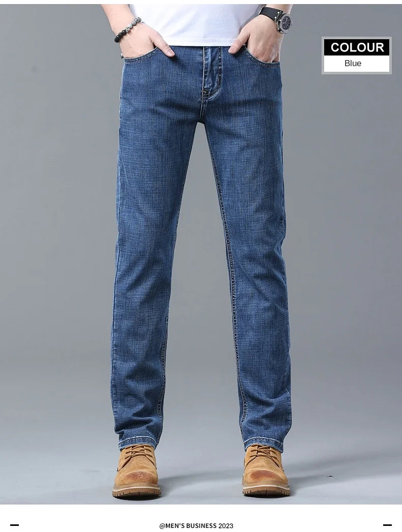 2024 Spring Summer New Men's Slim Thin Jeans Retro Light Blue Cotton Stretch Denim Pants Male Fashion Casual Brand Trousers