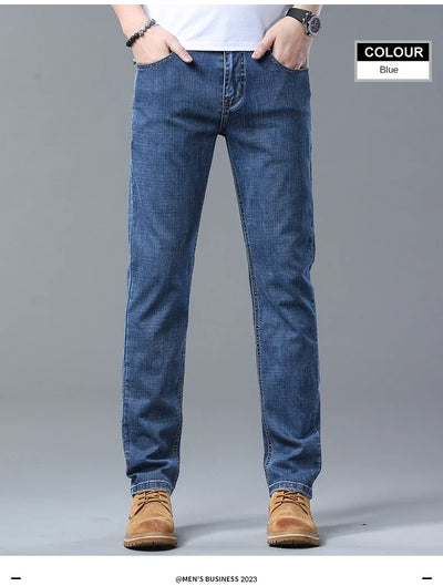 2024 Spring Summer New Men's Slim Thin Jeans Retro Light Blue Cotton Stretch Denim Pants Male Fashion Casual Brand Trousers