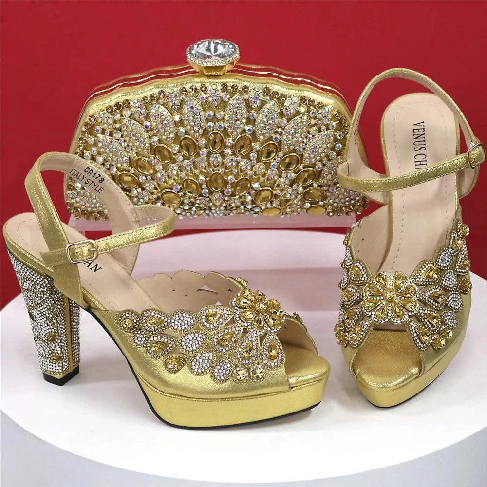 Embroidery Italian Design Pointed-Toe High-heeled Shoes and Bags Set for Women