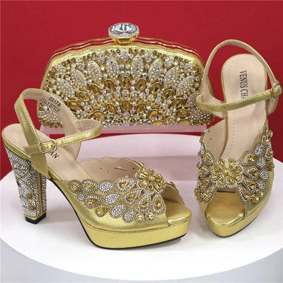 Embroidery Italian Design Pointed-Toe High-heeled Shoes and Bags Set for Women
