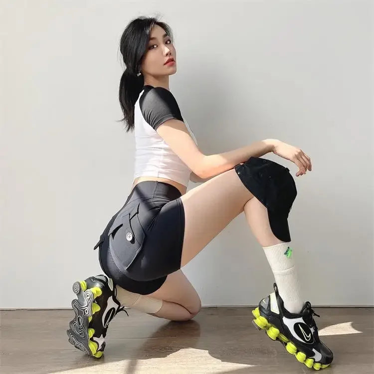 Shorts Women Solid Yoga Pants Pocket Button Short Pant Slim Fit Trousers Wrap Hip Splice Sporty High Waist Lady Summer