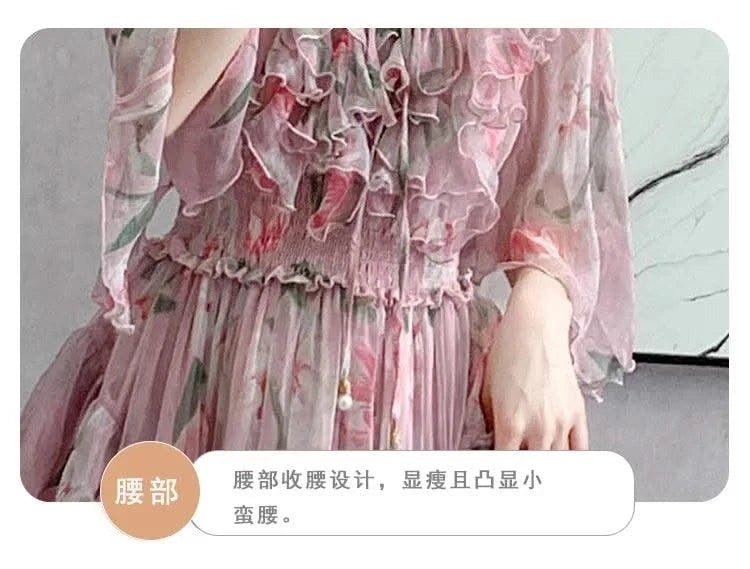 Women Sexy Off Shoulder V Neck Floral Print Dress Summer Gorgeous Flower Pink Chiffon Cascading Ruffles Evening Party Prom Robe