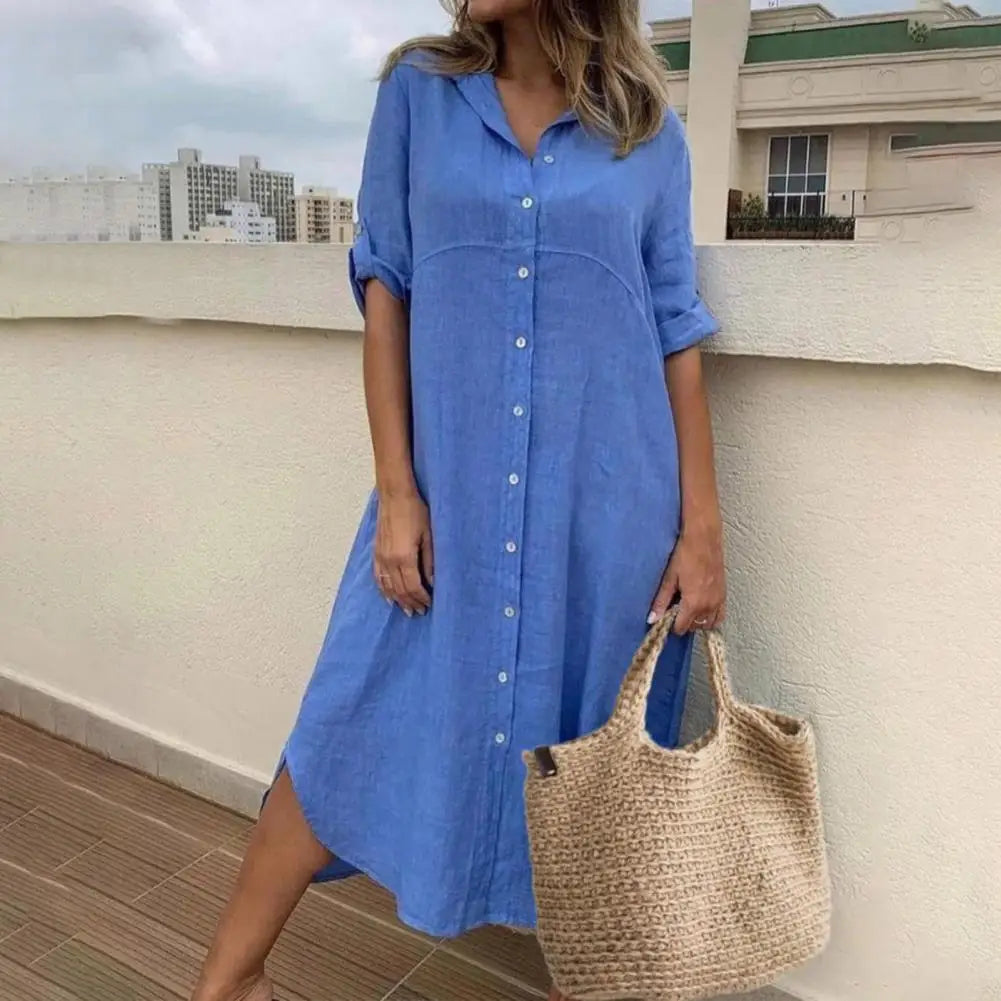 Women Dress Summer Single-breasted Half Sleeves Turn-down Collar Loose Solid Color Buttons Commute Midi Dress Female Vestidos