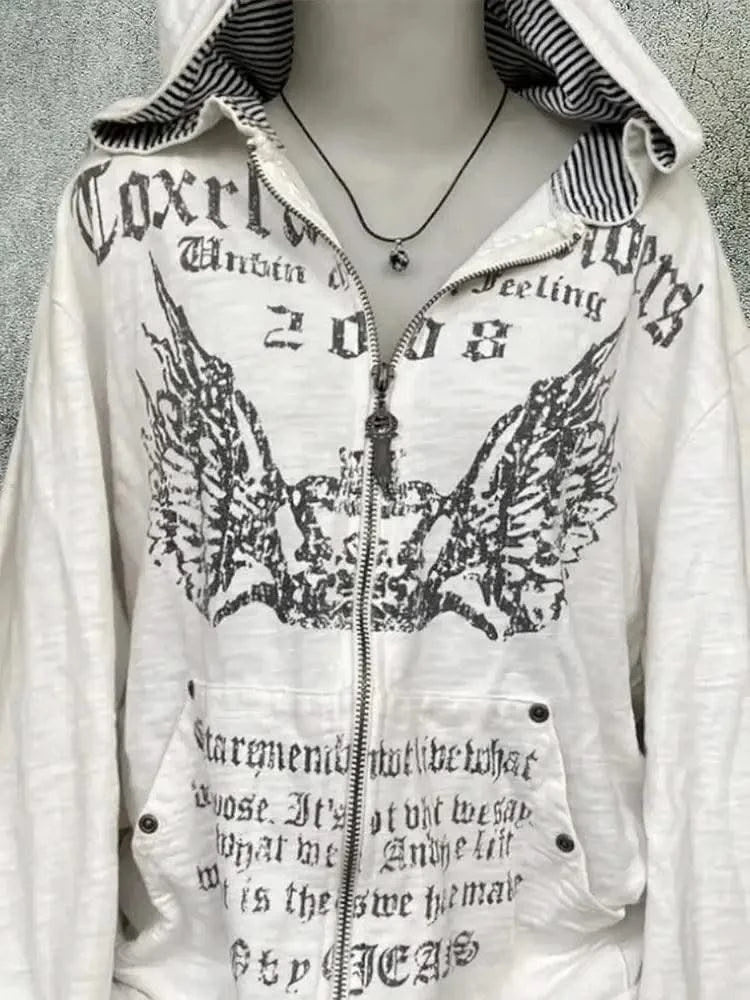 Hooded Sweatshirt Women Grunge Vintage Gothic Print Y2k Aesthetic Zipper Hoodie Harajuku Design Loose Lazy Streetwear Tops New