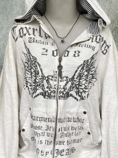 Hooded Sweatshirt Women Grunge Vintage Gothic Print Y2k Aesthetic Zipper Hoodie Harajuku Design Loose Lazy Streetwear Tops New